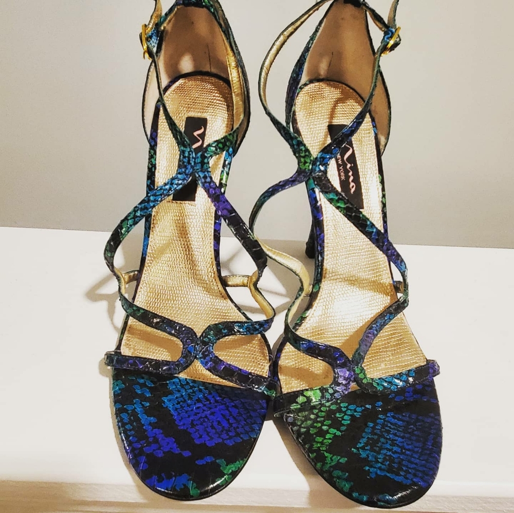 Mermaid-colored snake print stilletos